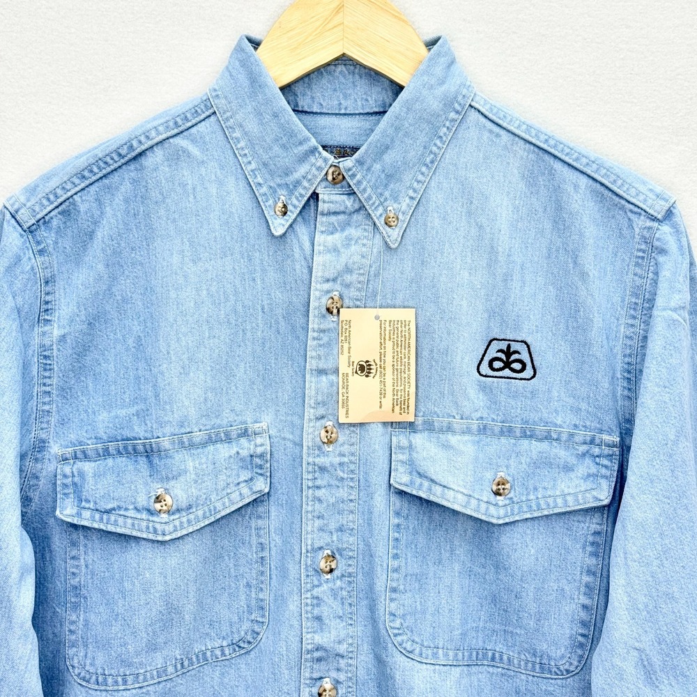 Vintage Bear-Back Guarantee Pioneer Seeds Chambray Work Shirt Small NWT USA Made - Picture 2 of 14